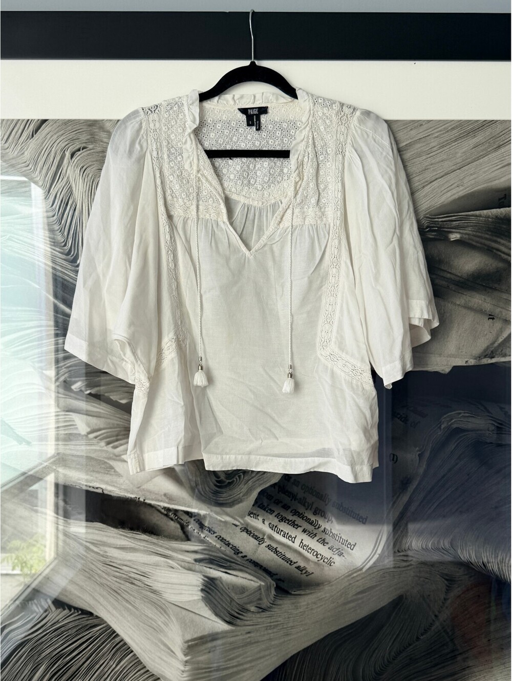 PAIGE White Cotton Eyelet Lace Blouse with Tassel Ties — S